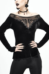 T-shirt punk pour femme en velours noir, épaules dénudées, manches longues, col en mesh avec motif floqué sur la poitrine